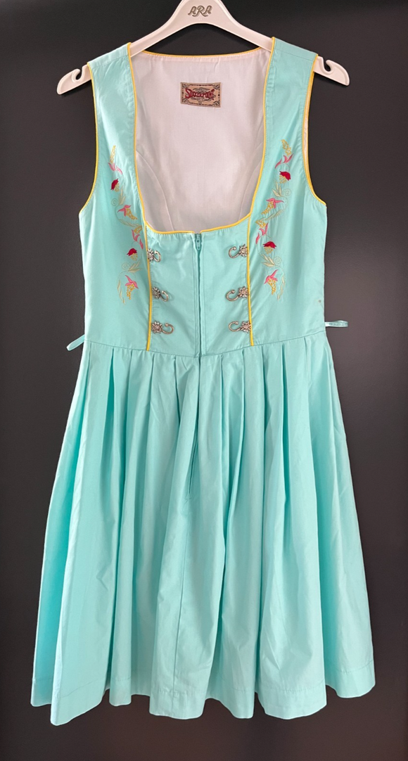 Damen Trachten Dirndl ärmellos Türkis mit Stickerei ca. Gr. 36 v. Stockerpoint