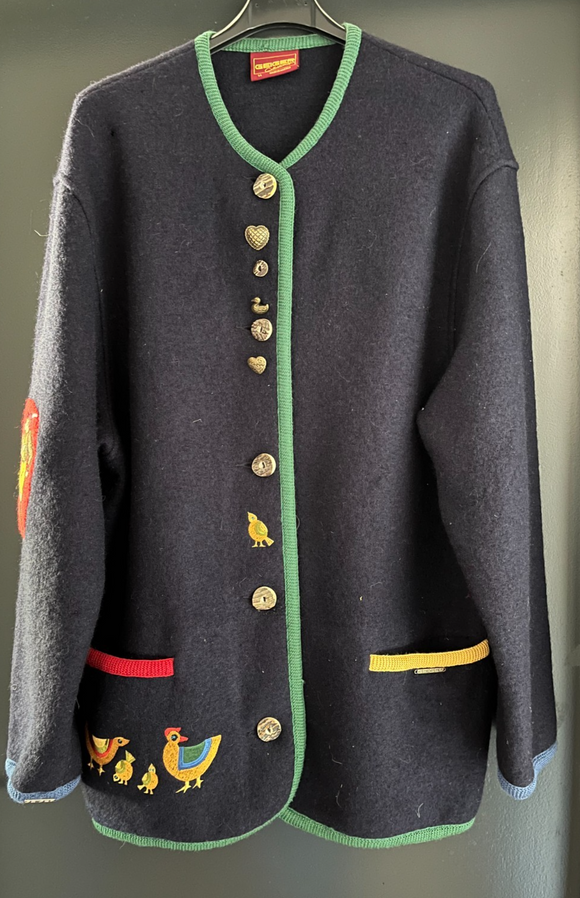 Damen Trachten Janker/Jacke Blau, mehrfarbig mit Stickerei ca. Gr. 44 v. Geiger