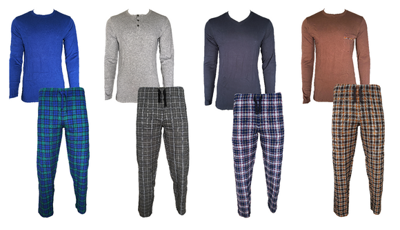 Herren Flanell-Pyjama 2-Teilig Langarm Royal Grau Navy Braun Gr. M L XL 2XL