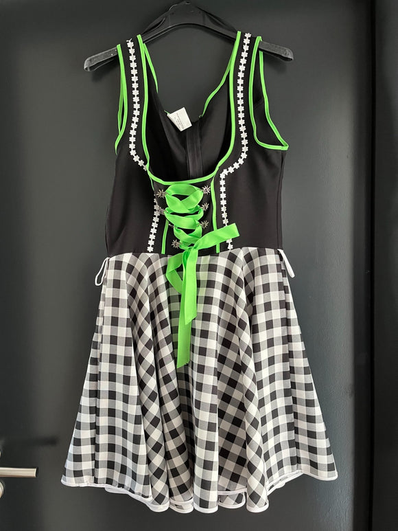 Damen Trachten Dirndl ärmellos schwarz, weiß gemustert, Neongrün ca. Gr. 34