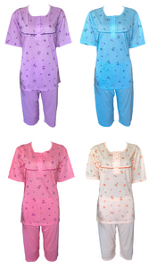 Damen Schlafanzug Capri-Pyjama Blumen Lila Blau Rosa Orange M L XL 2XL 3XL