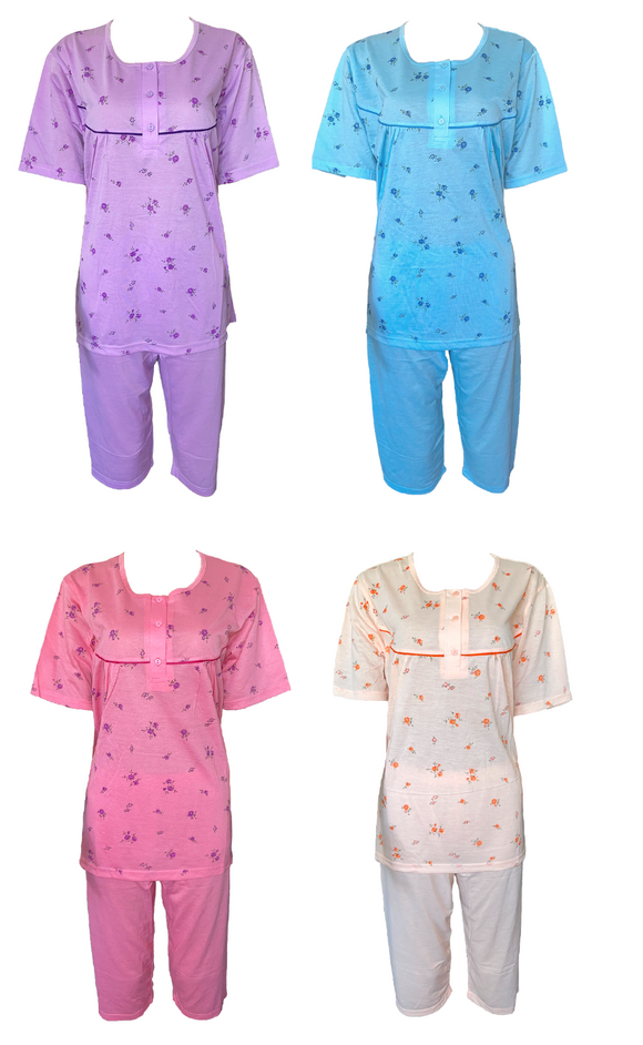 Damen Schlafanzug Capri-Pyjama Blumen Lila Blau Rosa Orange M L XL 2XL 3XL