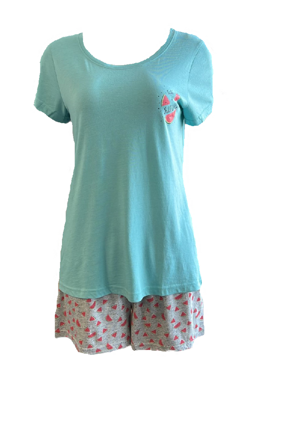Damen Shorty Pyjama Türkis/Grau Gr. S, M, L