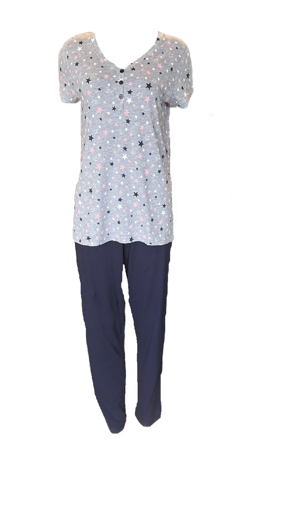 Damen Pyjama Schlafanzug Grau/Blau Gr. S