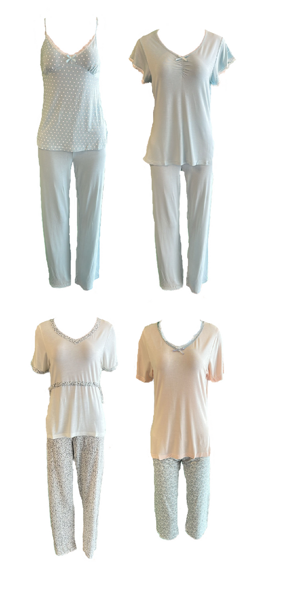 Damen Pyjama Schlafanzug 3-teilig Blau, Weiß, Apricot Gr. S