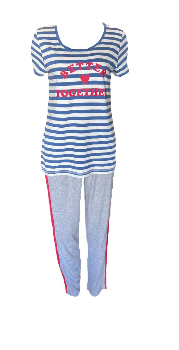 Damen Pyjama Schlafanzug Blau/Grau Gestreift Gr. S