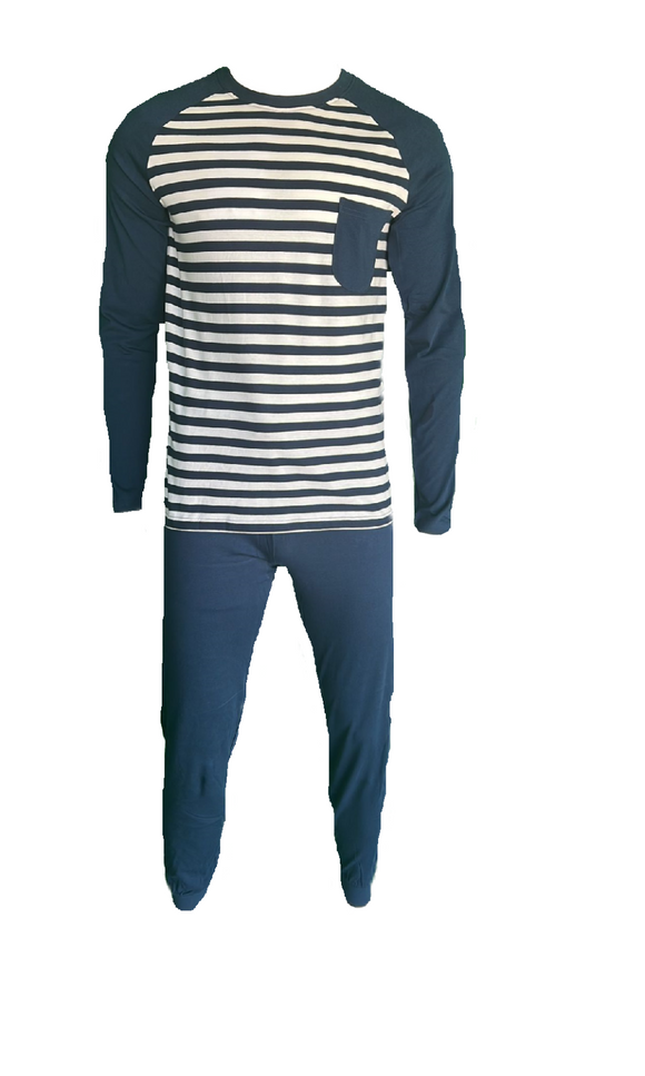 Herren Pyjama/Schlafanzug Blau/Weiss gestreift Gr. M, XL