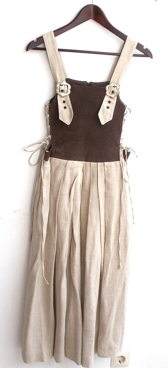 Damen Trachten Kleid ärmellos Oberteil Leder braun, Rock Leinen natur Gr. 34