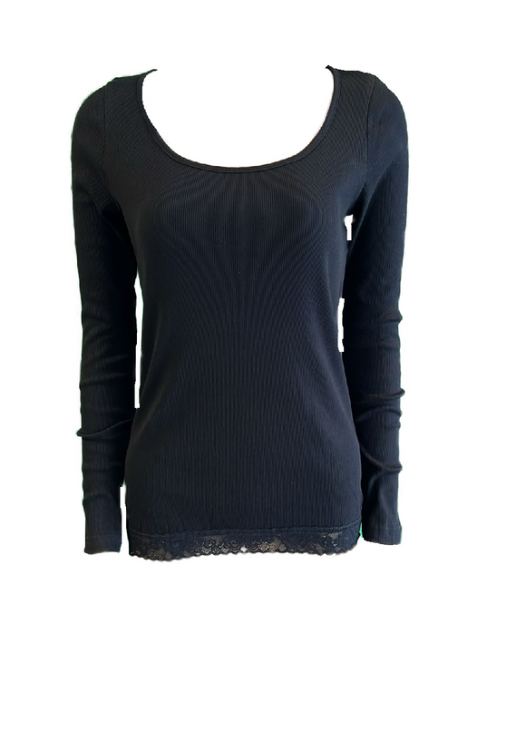 Damen Rippshirt Langarmshirt Schwarz Gr. S