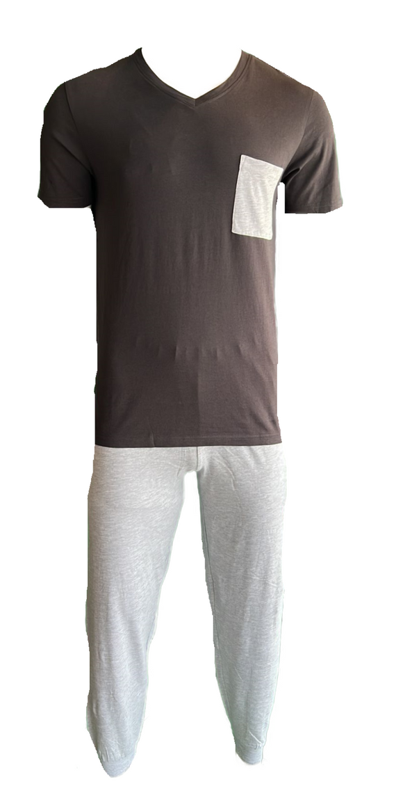 Herren Pyjama Schlafanzug Kurzarm Braun/Grau Gr. M