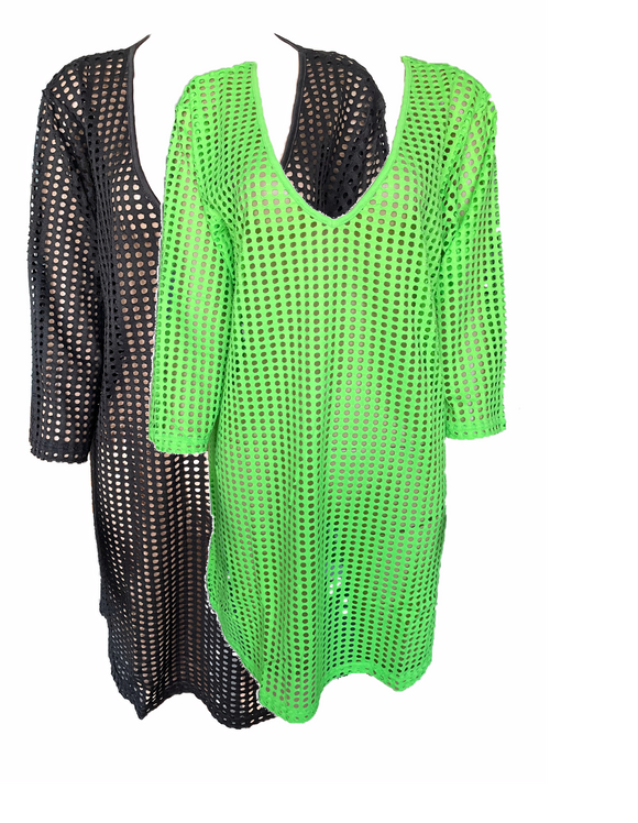 Damen Strandkleid Netzkleid mit Lochmuster grün und schwarz Gr. L,XL,2XL