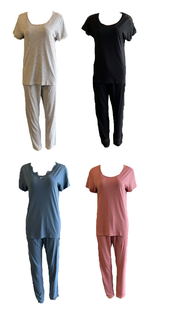 Damen Pyjama Schlafanzug mit Spitze Kurzarm Grau, Blau, Schwarz, Rosa Gr. S