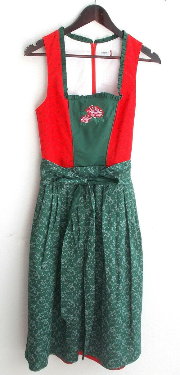 Damen Trachten Dirndl ärmellos rot geblümt m. grüner Schürze Gr. 38 v. Outfit