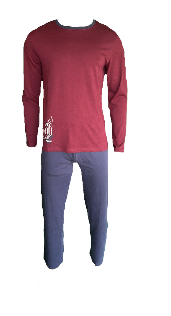 Herren Pyjama/Schlafanzug Weinrot/Blau bedruckt  Gr. M