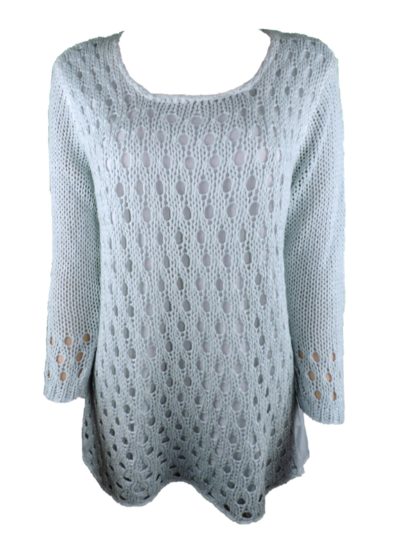 Capuccino Damen Pullover 3/4 Arm Blau Lochmuster Gr. 38