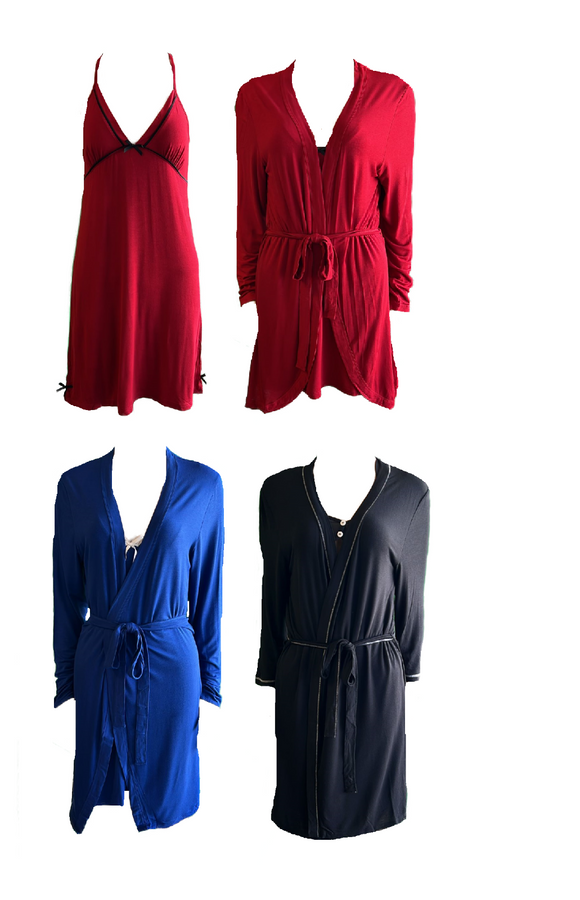 Damen Nachtwäsche Morgenmantel +  Nachthemd  Schwarz, Rot, Blau Gr. 36/38