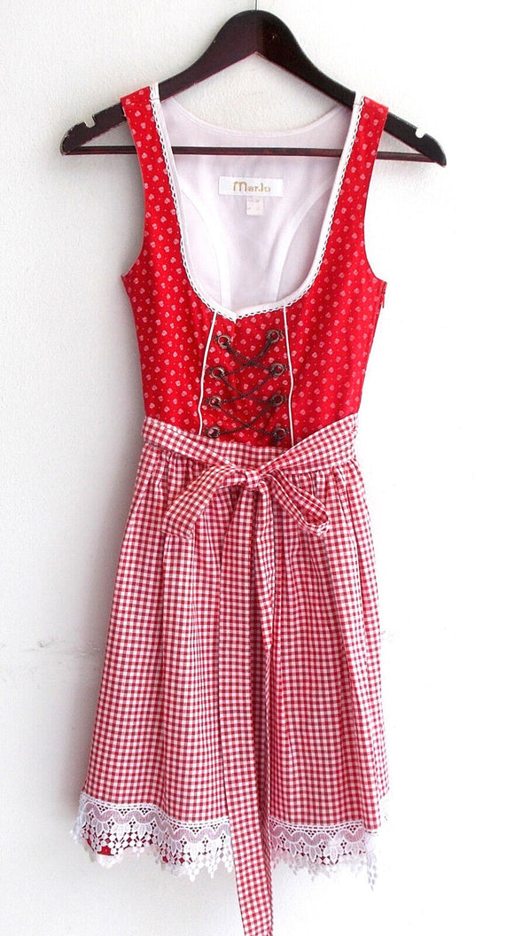 Damen Trachten Dirndl ärmellos rot geblümt m. Schürze Gr. 32 v. MarJo