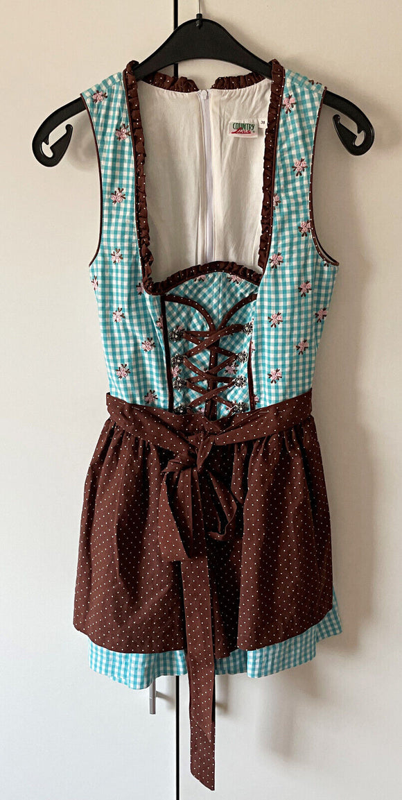 Damen Trachten Dirndl ärmellos Blau/Braun m. Schürze Gr. 38 v. Country Line