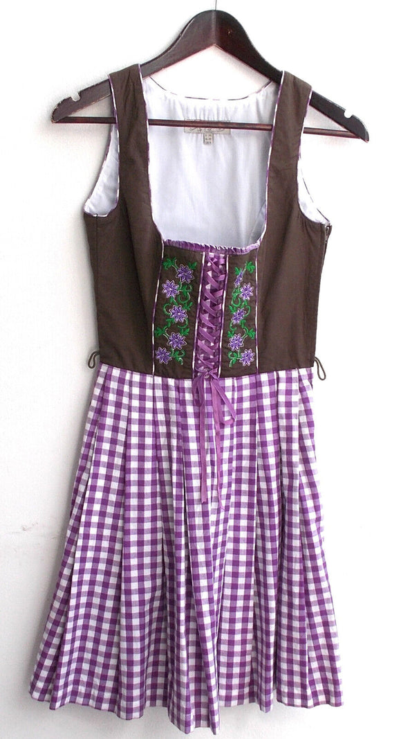 Damen Trachten Dirndl ärmellos braun, Rock lila kariert Gr. 32 v. Country Life