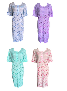 Damen Nachthemd Kurzarm Blumenmuster Blau Lila Grün Rosa Gr. M L XL XXL