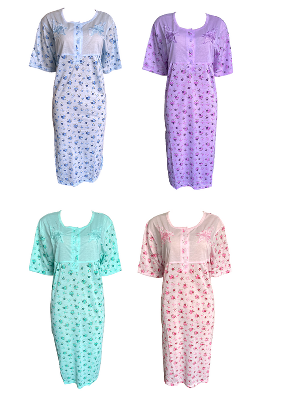 Damen Nachthemd Kurzarm Blumenmuster Blau Lila Grün Rosa Gr. M L XL XXL