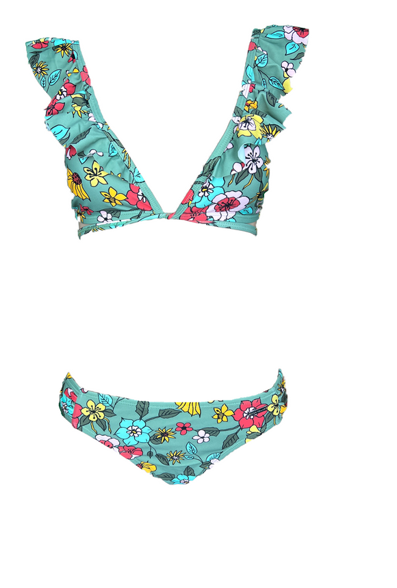 Bikini ohne Bügel mit Blumenmuster Grün  Gr. 38