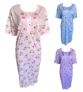 Damen Nachthemd Kurzarm Blumenmuster Rosa Blau Lila Gr. M L XL XXL