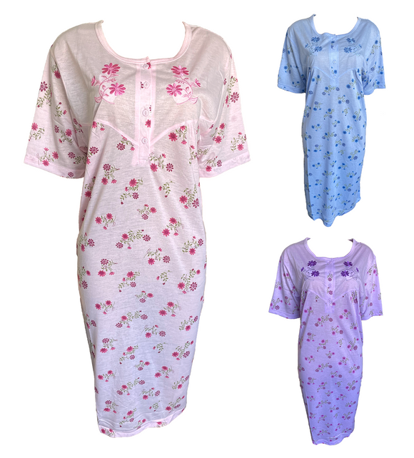 Damen Nachthemd Kurzarm Blumenmuster Rosa Blau Lila Gr. M L XL XXL