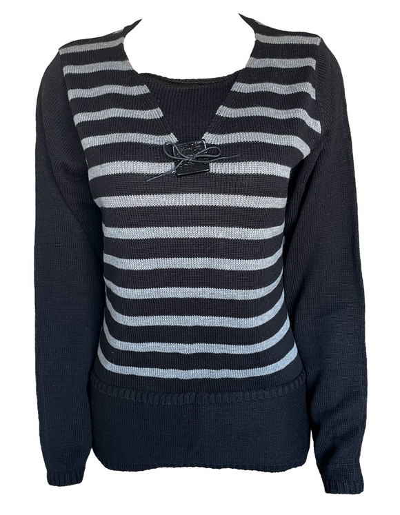 Damen Strickpullover Langarm Schwarz/Grau Gestreift S M L