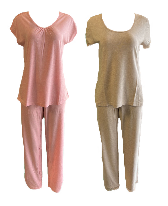 Damen Pyjama Schlafanzug Modal Kurzarm Beige, Rosa Gr. S